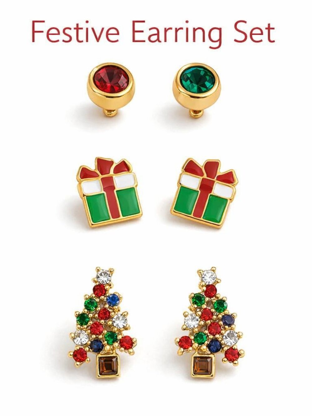 CRYSTAL AVENUE 3PC Stud Set Festive Gift Mini Multi Red Round Stone Earring Set